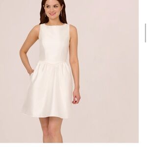 Adrianna Papell Ivory Mikado Fit and Flare Dress w/Pearl Beaded Trim & Pockets